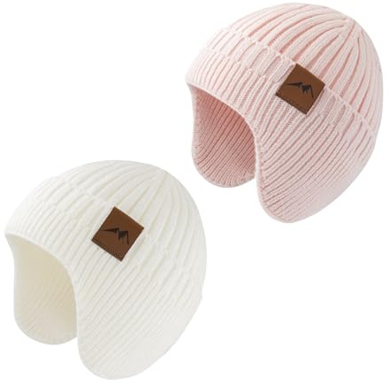 SEYUFN Bonnet Enfant Garcon Hiver Bonnet Bebe Fille Dinosaure Tricot Chapeau Bebe Garcon Large Protection des Oreilles (FR/ES, Âge, 6 Mois, 24 Mois, A-Rose&Blanc)