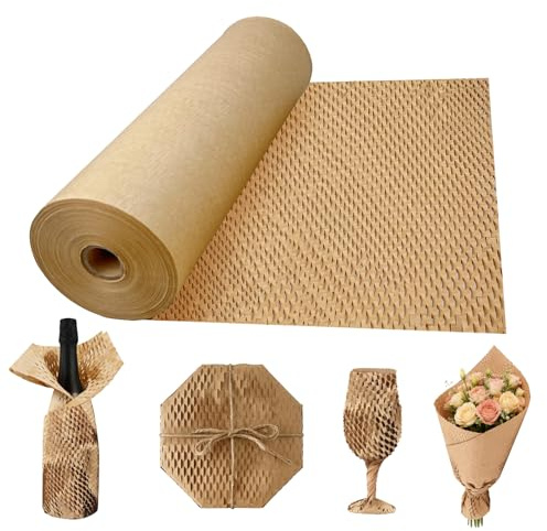 Honeycomb Packing Paper Roll, 38cmx50m Packaging Wrap Paper with 15m Jute Rope, Bubble Wrap Alternative Thick Honeycomb Cushioning Wrap Roll for Moving House Shipping Packing Breakables Gift