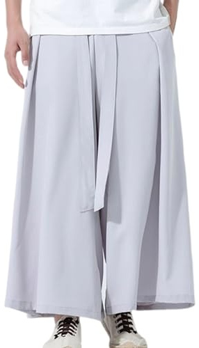 Caxndycing Ice Silk Trousers Men's Skirt Wide Leg Casual Trousers Plain Samurai Hakama Harem Trousers Loose Fit Summer Trousers Baggy Streetwear Japanese Kilt, light grey, 3XL