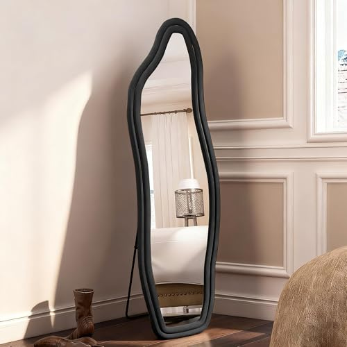 Specchio su irregolare,160x50cm,specchio a piena lunghezza,grande specchio da parete con cornice in velluto nero e supporto,da appendere,in piedi,inclinabile per camera da letto, soggiorno, ingresso