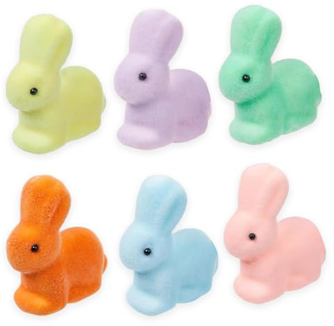 CYMYGS 6 Pcs Easter Small Flocked Rabbit Figurines, Soft Foam Animal Decor Set, Furry Bunny Tabletop Displays for Spring Home Arrangements, Seasonal Basket Fillers and Party Favor Supplies
