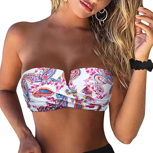 Hilor Sexy Bikini Tops for Women Strapless Tie Back Bikini Top Bathing Suits Cute Underwire Push Up Swimsuit Top Red Paisley 14