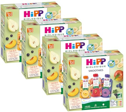 HiPP - Smoothies - Multipack 3 Variétés dès 12 Mois - Gourdes - 8x120mL - Lot de 4 - BIOLOGIQUE