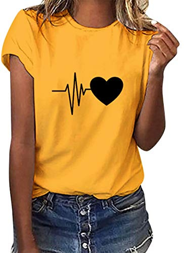 heekpek Camisetas Mujer Verano Manga Corta Casual Camiseta Holgada Estampado con Amor y Smile T-Shirt Mujer Multicolor Short Sleeve Shirt, Amarillo, M