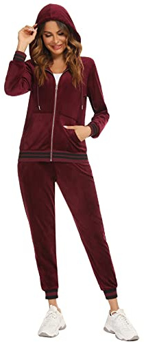 Enjyam Damträningsdress i velour, mysig Nicki-hemmadress, tvådelad joggingdress i mjuk sammet med ribbad jacka med dragkedja och byxor med ficka