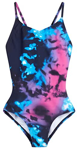 Kanu Surf Girls Beach Sport UPF 50+ 1-Piece Swimsuit, Hurricane Black/Pink, 10