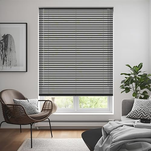 PVC Plain Windows Venetian Blinds - Black, Width 150cm x Drop 213cm | Privacy Home Offices Shutters -Trimmable 25mm Horizontal Slats Easy Fit Child Safe Window Curtains
