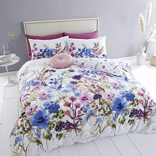 Catherine Lansfield Bedding Countryside Floral King Duvet Cover Set with Pillowcases Pink/Blue