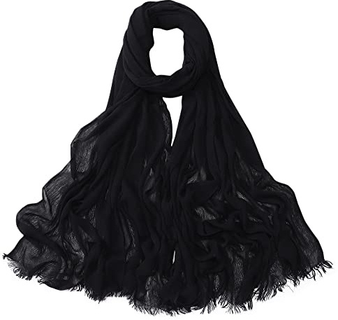 Txameru Écharpe hijab pour femme – Rayonne musulmane froissée avec bord à franges, noir, Large