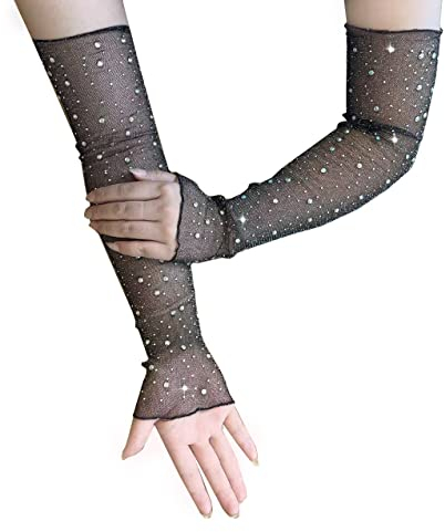 Fischnetz Handschuhe,Strass Mode Lang Netz Mesh Handschuhe,Glänzend Netz Mesh Handschuhe Schwarz Fingerlose Netzhandschuhe Schwarz Strass Mode Opernhandschuhen ,Halloween Maskerade Kostüm Schwarz A