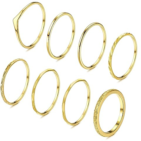 FIOROYAL 8Pcs Gold Rings for Women 14K Gold Plated Stackable Thin Ring Simple Stacking Rings Statement Knuckle Rings for Women Men Wedding Ring Set Gold Rings for Teen Girls 9