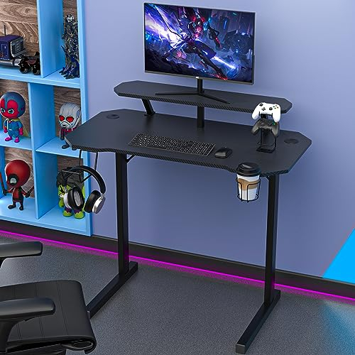PIPIPOXER Bureau Gaming 100x55cm, Bureau Gamer avec Support d'Écran, Bureau Table Gaming avec Plateau en Fibre de Carbone,Gaming Desk Table de Jeu Ergonomique avec Porte Gobelet et Crochet pour Casque