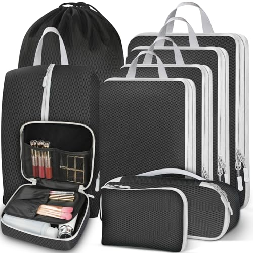 Otauoaea Koffer Organizer Set 9 Teilig, Packing Cubes Compression, Packtaschen mit Kompression, Travel Organizer für Koffer und Rucksack, Packwürfel, Kofferorganizer Reise Kleidertaschen, Schwarz