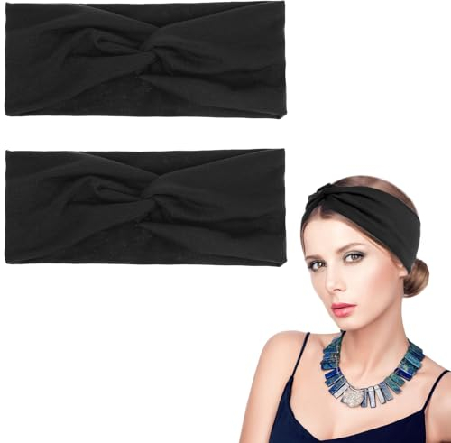 WLLHYF 2 x Turban-Stirnbänder für Frauen breite Stirnbänder Stretch-Turban geknotete Haarbänder modische Haarbänder für Mädchen niedliches Haar-Accessoires Yoga Laufen Sport (Schwarz)