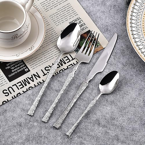 56 stycken silverbestick, bestickset, matbestick i rostfritt stål för 14, Hamrade handtag, matbestick, spegel.