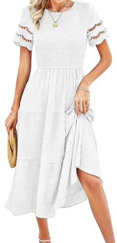 EYYECAN Abito Midi da Donna Estivo Casual con Scollo a V e Maniche a Volant e Punto Smock a Vita Alta