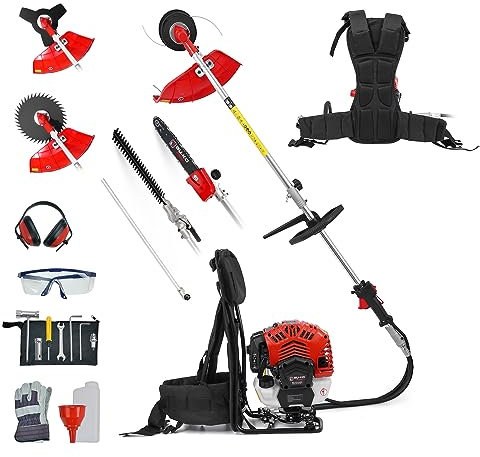 BU-KO Mochila de 52 CC de Largo Alcance de Gasolina, Herramienta de jardín Multifuncional: desbrozadoras de Gasolina y Cortador de Cepillo, Cortasetos Extensible, Motosierra podadora, recortadoras de