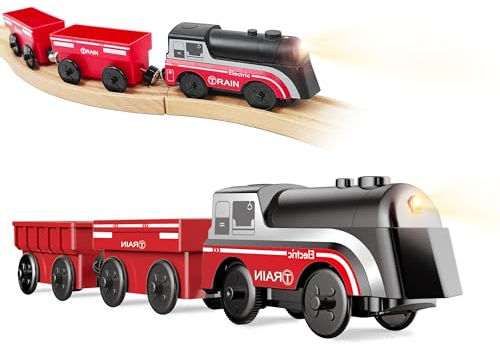 LiBoon Battery Operated Train for Wooden Track – Motorized Locomotive with Headlight, 3Pcs Electric Train Set Compatible with Thomas & Brio, Pulls Multiple Cars, for Toddlers 3+