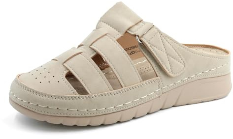 JOMIX Pantofole Donna Estive Chiuse Sandali Comodi Ortopedici con Zeppa Bassa Scarpe Aperte per Piedi Gonfi Larghi Ciabatte da Casa per Signora con Tomaia Traforata Traspirante WOX250651 Beige 38