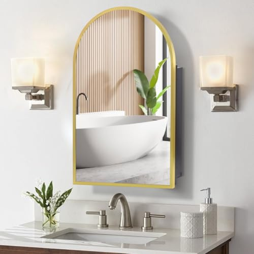 Movo Arched Gold Medicine Cabinet with Mirror,20 x31 Inch Metal Framed Bathroom Mirror Medicine Cabinet Wall Mounted,Recessed Medicine Cabinets for Bathroom with 2 Removable Shelves