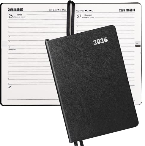 LEMESO Agenda 2026 Giornaliera A5 in Italiano Diario Planner 2026 12 Mesi con Pagine Calendario, Rubrica, con Copertina in Pelle, Segnalibri (Nero)