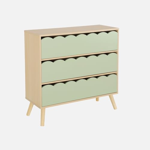 Alice's Garden sweeek - Commode Enfant décor Bois Vert 3 tiroirs. Pieds Bois de pin - 80 x 30 x 79 cm - Azur