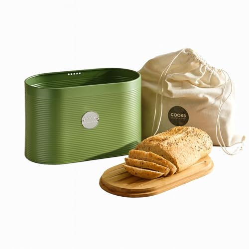 Cooks Professional Ribbed Bread Bin with Linen Bag & 2-in-1 Bamboo Cutting Board Lid | Modern, Stylish & Breathable Countertop Food Storage Canister for Loaves, Rolls, Pastries | Green & Silver