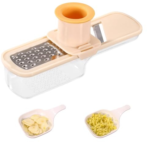 Mini Garlic Slicer, 3-in-1 Multi Function Mandoline Slicer with Container for Grinding Grating and Crusher Slicing Garlic Ginger Vegetable Practical Home Kitchen Essentials Tool(White)