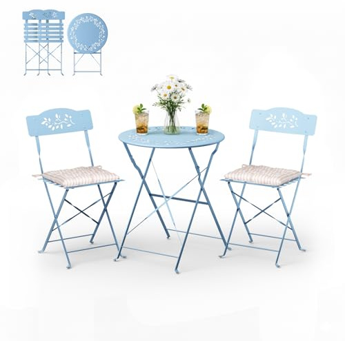 Bonnlo Set de Bistro Pliant Ensemble en 3 pièces, Table et Chaise de Jardin Exterieur économes d’Espace pour Balcon-Porche-Jardin (Blue Clair avec Coussins)