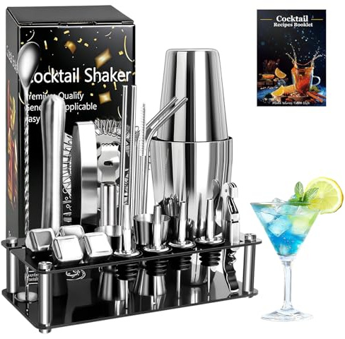 Set di 23 shaker per cocktail di alta qualità con shaker Boston in acciaio inossidabile da 750 ml, kit per la preparazione di cocktail con supporto acrilico, pestello, misurino, colino, cucchiaio, ecc