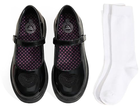 JABASIC School Shoes for Girls Mary Jane Uniform Oxford Dress Shoes with Knee High Socks (10,Black)