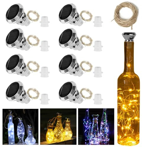 Nzkeuf catena di luci a bottiglia con tappo, 8 pezzi solari per esterni, 20 LED 2M di illuminazione per bottiglie, catena luminosa per bottiglie di vino per fai da te, festa, giardino, matrimonio