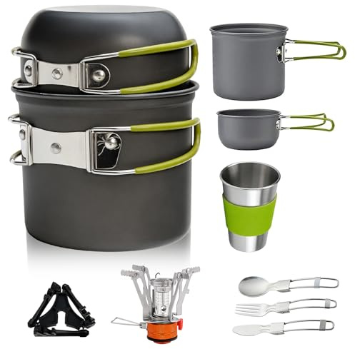 Lot de 10 ustensiles de cuisine de camping - Batterie de cuisine d'extérieur - Pot de camping en aluminium - Kit de cuisine d'extérieur portable pliable - Mini réchaud de camping pour la randonnée, la