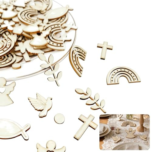 ZWWOGE Decoración de Bautizo de Madera Peces Paloma 200 Piezas Confetis, Adornos de Mesa Elegante para Niñas Niños, Suministros Fiesta Bricolaje Baby Shower Primera Comunión Confirmación
