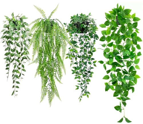 DONGXYTWH 4Pcs Artificial Hanging Plants Indoor, Fake Vines Wall Decor Set Includes Pea Leaves, Green Ivy, mandrake, Persian Grass for Living Room, Bedroom, Bathroom, Shelf Boho Decor
