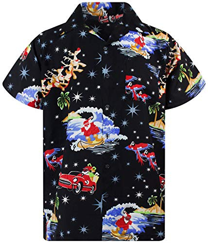 King Kameha Funky-Camicia-Hawaiana, Natale, Manica-Corta, Surf-Santa, Nero, L