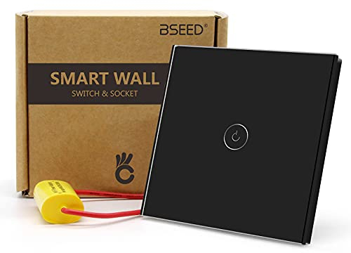 BSEED Interruptor de Luz Táctil WiFi Inteligente,Panel de Cristal,Compatible con Alexa, Smart Life y Tuya (No Necesita Cable Neutro),1 Gang 1 Vía,86mm Negro