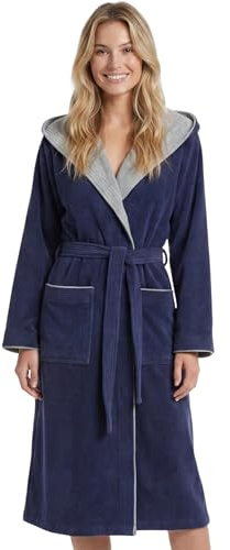Morgenstern Women's Dressing Gown with Hood Cotton Terry Towelling Velour Long blue L