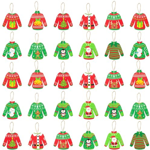 Haooryx Christmas Sweater Hanging Ornaments - 31Pcs Ugly Sweater Wooden Craft Cutouts Christmas Tree Decoration Pendant Tag Ropes Winter Holiday Xmas Party Favor Decor