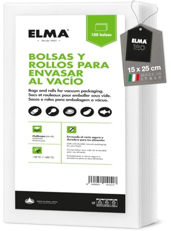 Tomma livsmedelsväskor, Präglade påsar för vakuumförpackning, 100 enheter, 15 x 25 cm | Italiensk tillverkning