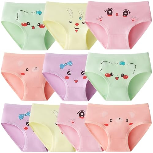 Domee Girls Knickers Cotton Pants Underwear Briefs Underpants Pack of 10 Cartoon Face 8-10 Years (Manufacturer Size 2XL)