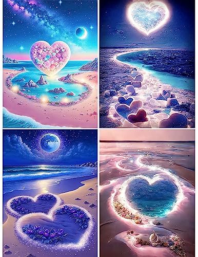 Yiminu.DS 4Pcs Diamond Painting Set, 5D Diamond Painting Erwachsene, DIY Diamond-painting Diamant Painting Bilder mit Runden Vollbohrer Diamant für Home Wanddekoration, 30CM X 40CM, Liebe Herz Strand