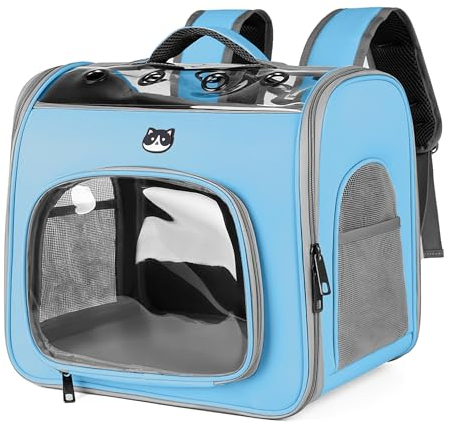 ALLSOPETS Katzenrucksack für Große Katzen und Kleine Hunde, Atmungsaktiver Haustieren Rucksack mit Frontöffnung und Sicherheitsleine, Ideal für Reisen Wandern und Spaziergänge (Eisblau)