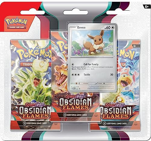 Pokémon TCG – Scharlach und Violett – Blisterpackung mit 3 Boosterpacks Obsidian Flammen Eeevee und Tomberro (1 Booster Aleat