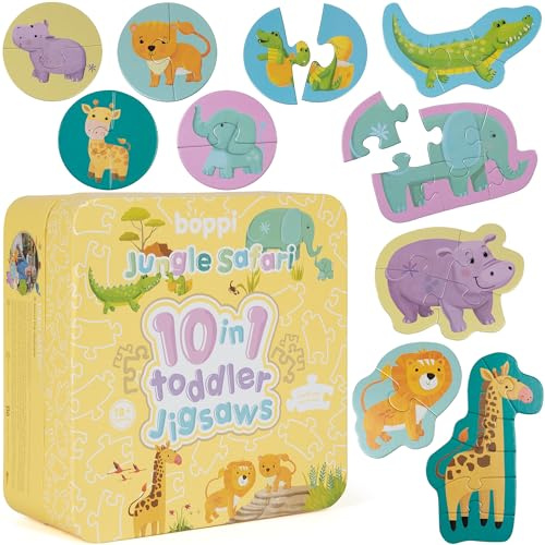 Puzzles progressifs 10 en 1 pour Petits de 18 Mois et Plus - Puzzles pour Tout-Petits sur des Animaux de la Jungle/Jouets de développement pour Enfants par boppi, fabriqué en Carton 100% recyclé