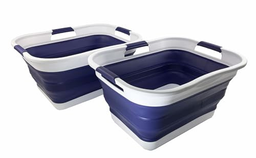 SAMMART 30L (8 gallons) Collapsible Plastic Laundry Washing Tub/Basket-Portable Pop Up Storage Container/Organizer-Foldable Laundry Hamper-Space Saving (2, White/Navy Blue)