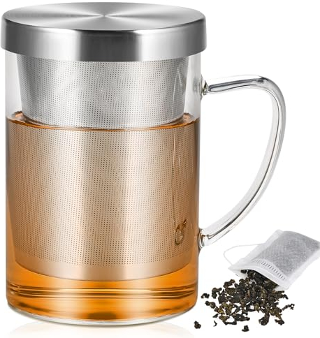 Cieex Teetasse mit Edelstahl Deckel und Sieb, 450 ml Große Teetasse, Teeglas Teegläser aus Borosilikat Glas + 20 Teefilterbeutel