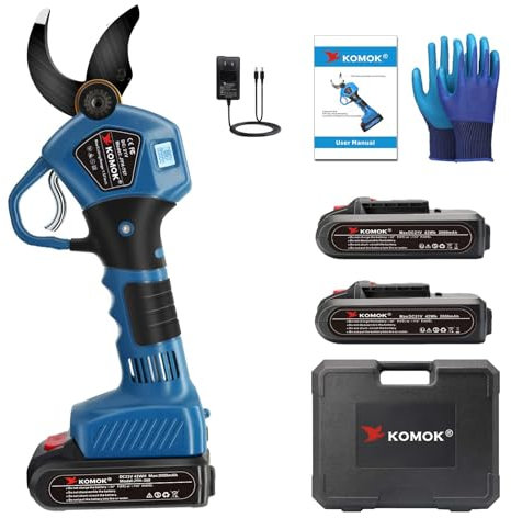 KOMOK Tijeras de podar eléctricas, diámetro de corte 40 mm, podadora de jardín profesional con pantalla LED, batería de litio recargable 2 Ah, tiempo de trabajo 6-8 horas