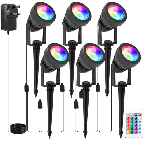 NATPOW Garden Lights Mains Powered, RGB Landscape Spot Lights with Remote Control 16 Colors Changing LED Spike Light with Adapter, IP65 Waterproof for Outdoor Christmas Decorations, Yard, Pathway