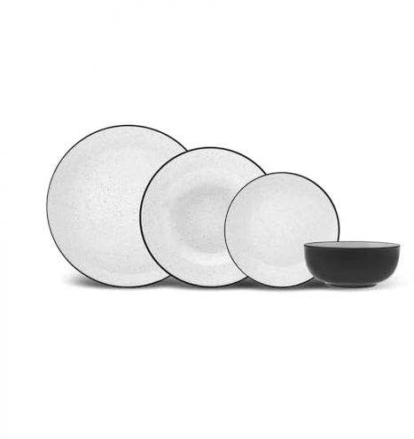 Karaca Borken 16-Piece Stoneware Dinner Set for 4 People, White & Black Plates and Bowls Set, Complete Dinnerware for Everyday & Special Occasions